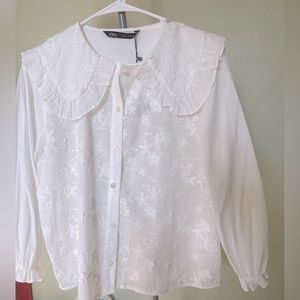Zara white embroidered peterpan collar shirt puff 3/4 sleeves